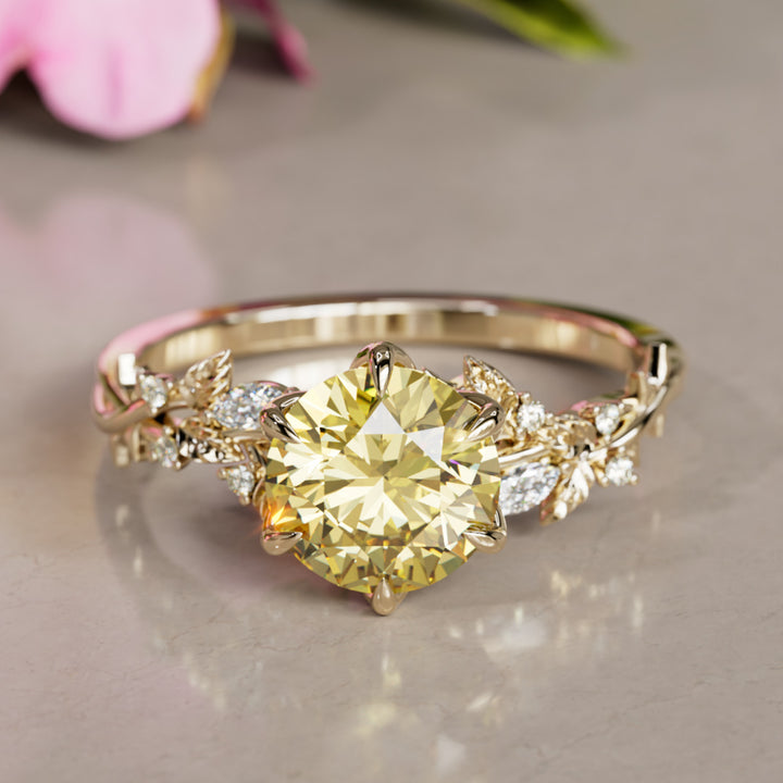 Rosewood Round Yellow Lab Diamond Engagement Flower Ring Nature Inspired (Setting Only)