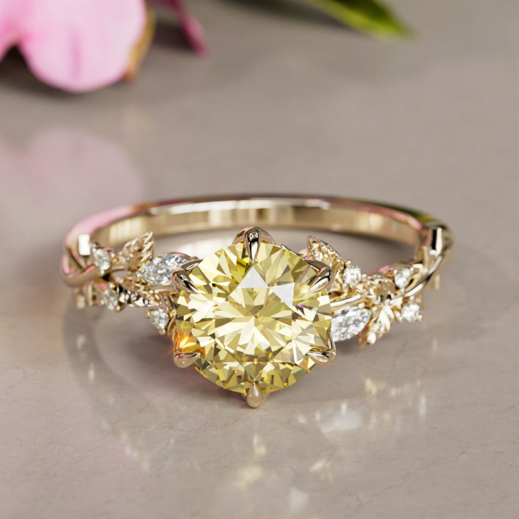 Anello di fidanzamento a fiore con diamante Round Lab in legno di rosa ispirato alla natura (solo montatura)