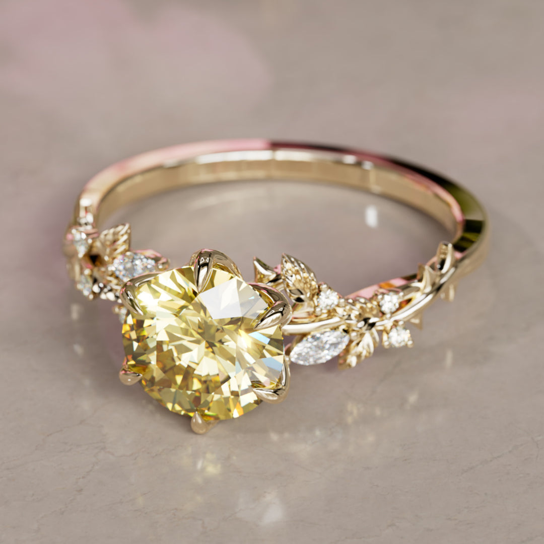 Rosewood Round Yellow Lab Diamond Engagement Flower Ring Nature Inspired (Setting Only)