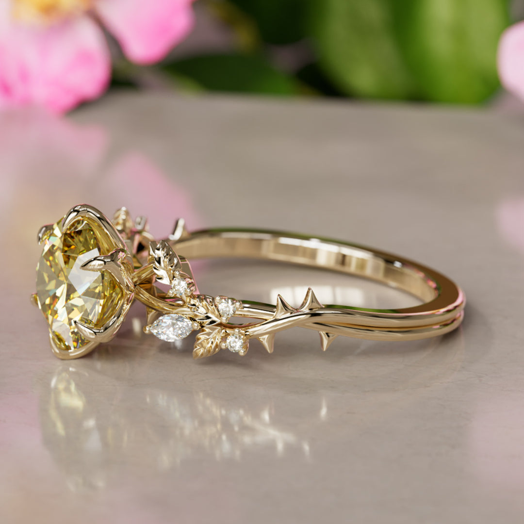 Rosewood Round Yellow Lab Diamond Engagement Flower Ring Nature Inspired (Setting Only)