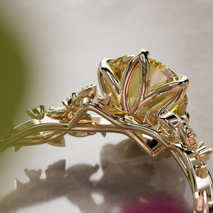 Rosewood Round Yellow Lab Diamond Engagement Flower Ring Nature Inspired (Setting Only)