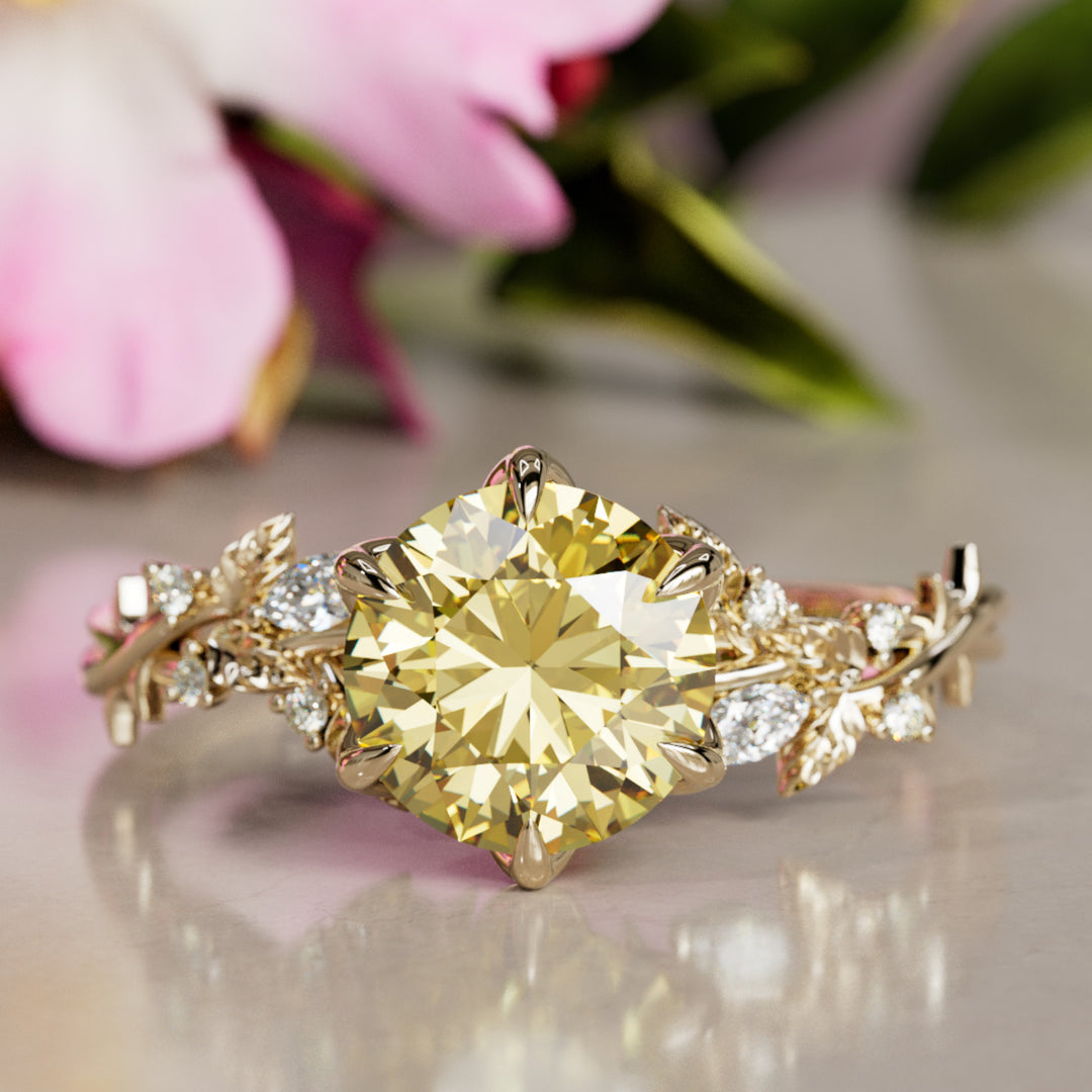 Rosewood Round Yellow Lab Diamond Engagement Flower Ring Nature Inspired (Setting Only)