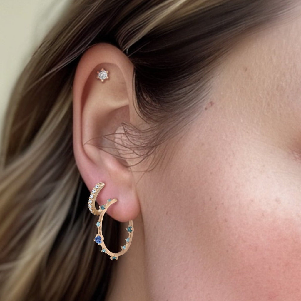 September Birthstone Earrings, Celestial Sapphire 14k Gold Hoops By Valley Rose