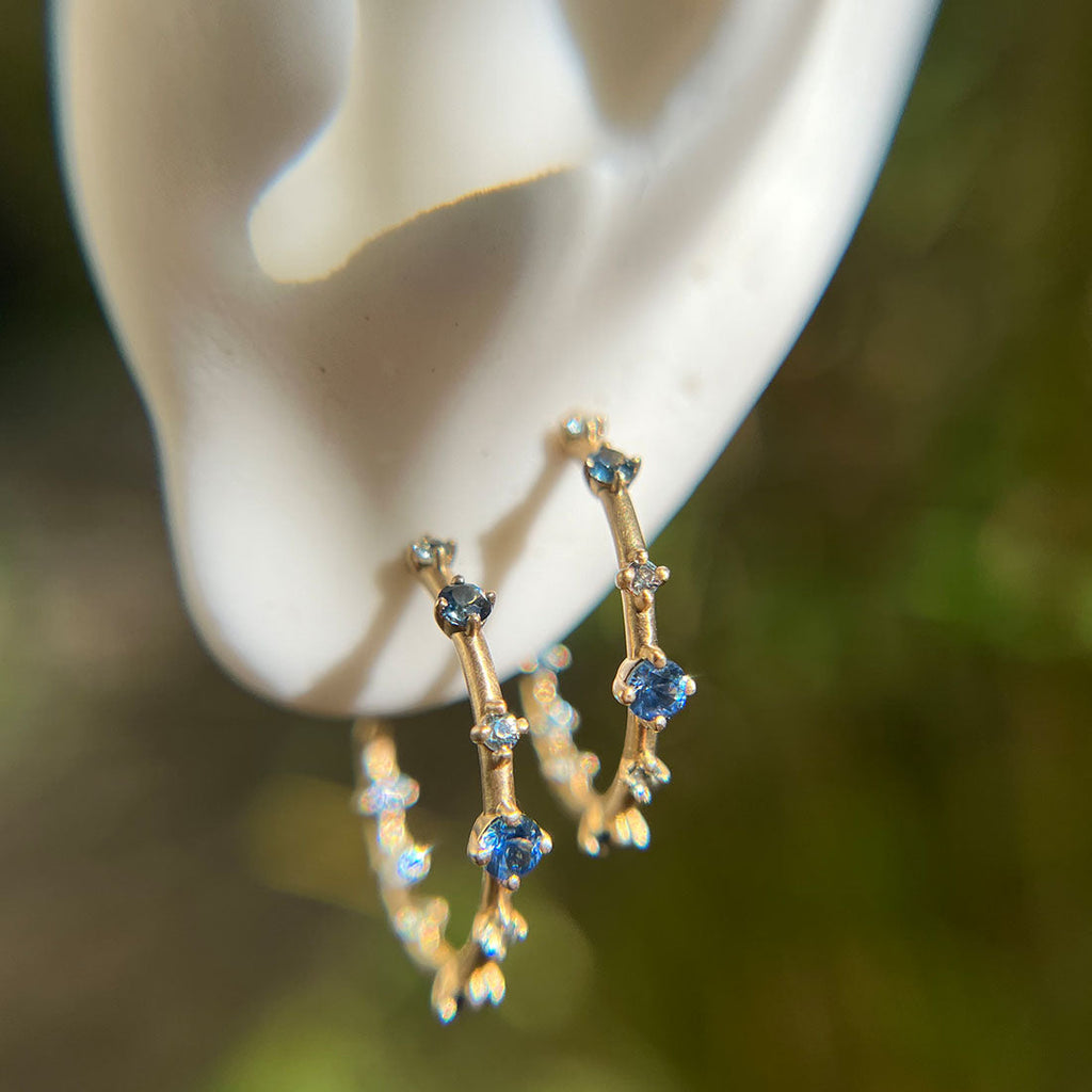 September Birthstone Earrings, Celestial Sapphire 14k Gold Hoops By Valley Rose