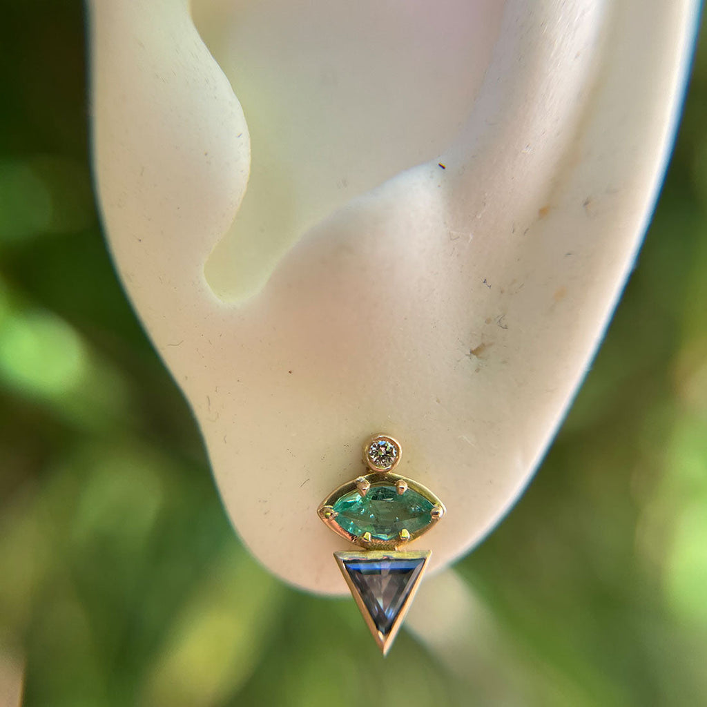 September Birthstone Earrings, Unique Geometric Emerald Sapphire 14k Gold Studs By Valley Rose