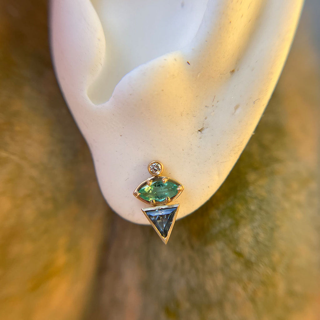 September Birthstone Earrings, Unique Geometric Emerald Sapphire 14k Gold Studs By Valley Rose