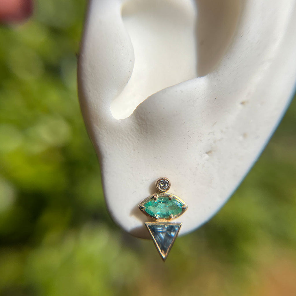 September Birthstone Earrings, Unique Geometric Emerald Sapphire 14k Gold Studs By Valley Rose