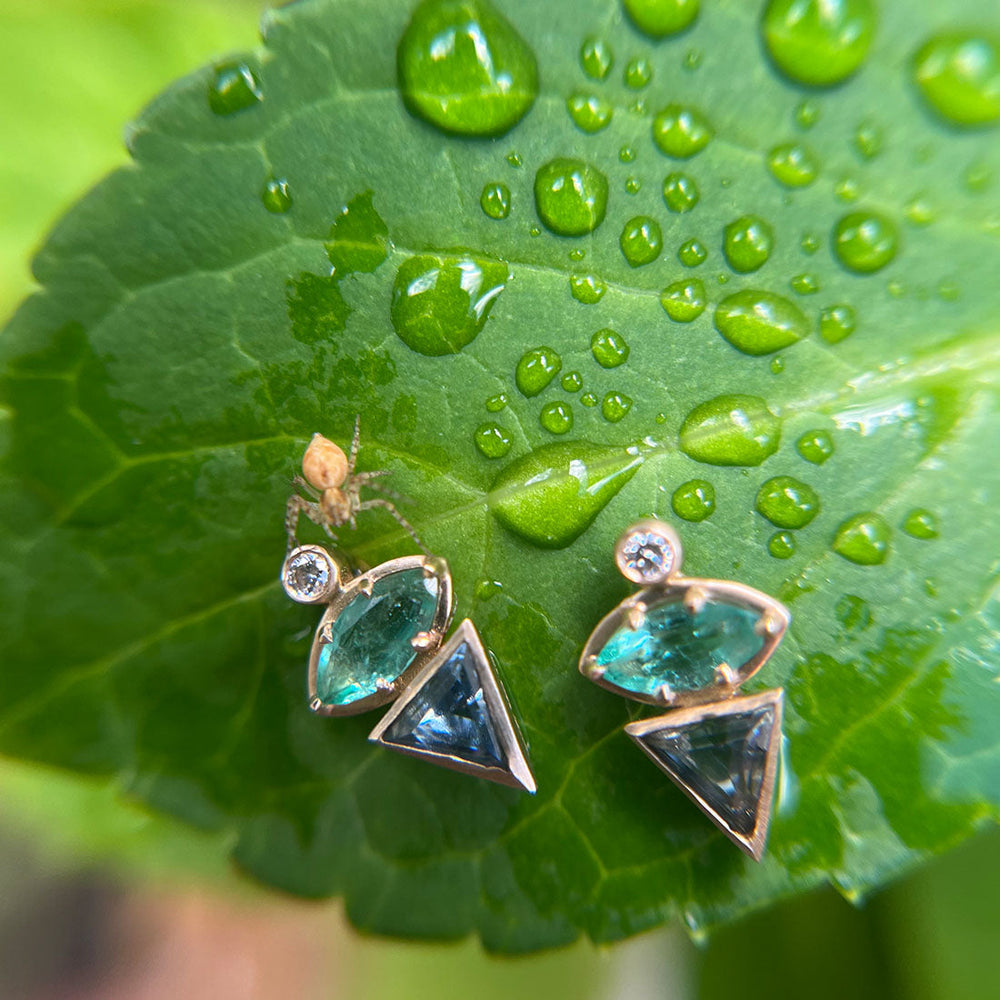 September Birthstone Earrings, Unique Geometric Emerald Sapphire 14k Gold Studs By Valley Rose