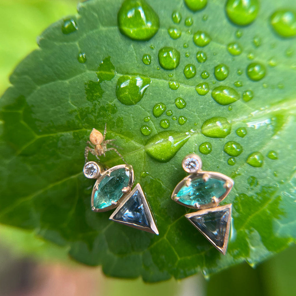 September Birthstone Earrings, Unique Geometric Emerald Sapphire 14k Gold Studs By Valley Rose