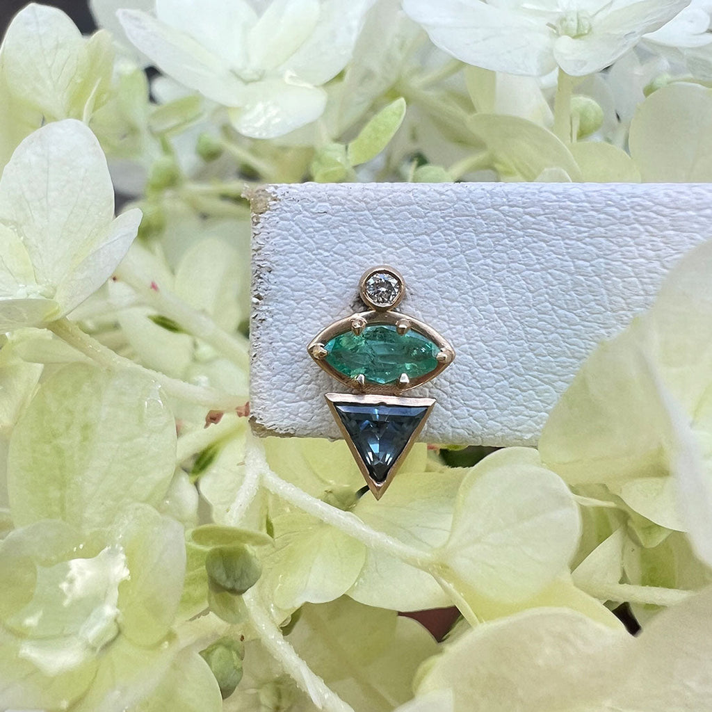 September Birthstone Earrings, Unique Geometric Emerald Sapphire 14k Gold Studs By Valley Rose