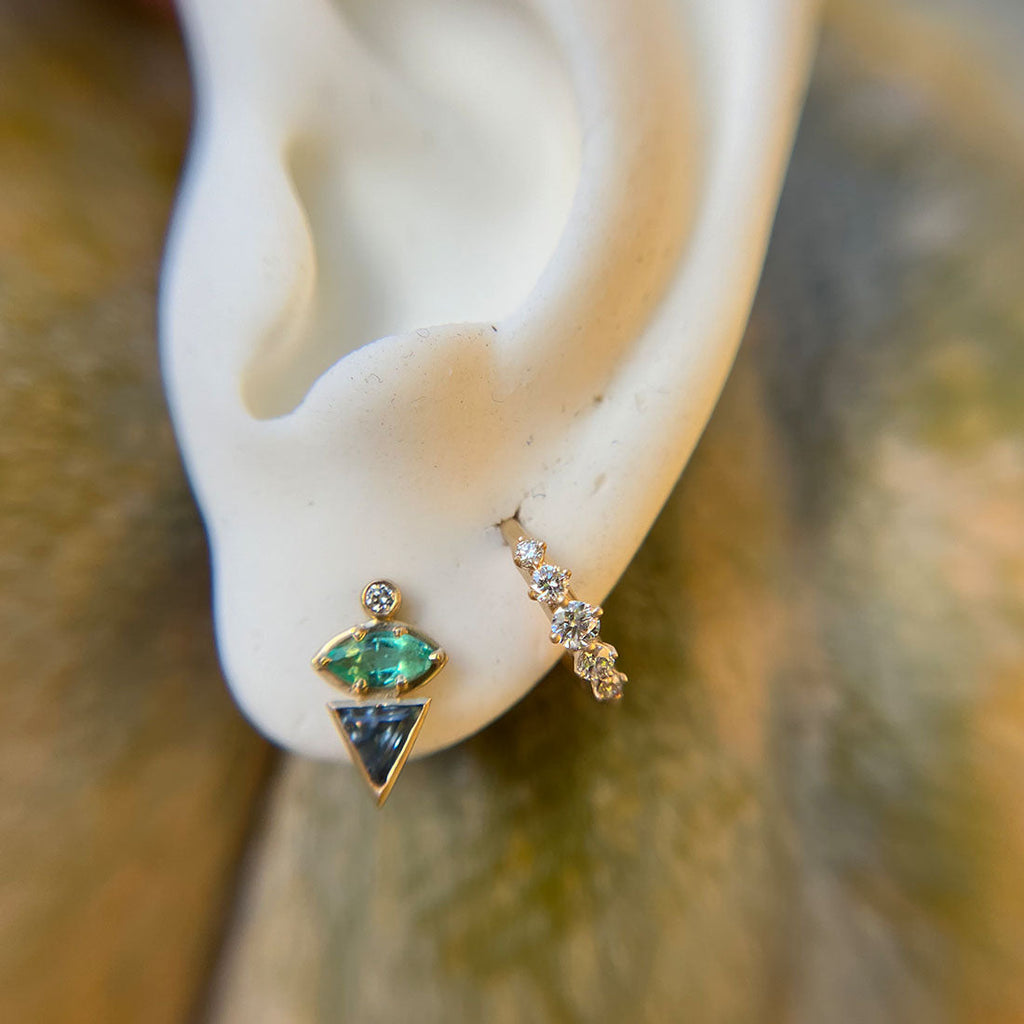 September Birthstone Earrings, Unique Geometric Emerald Sapphire 14k Gold Studs By Valley Rose