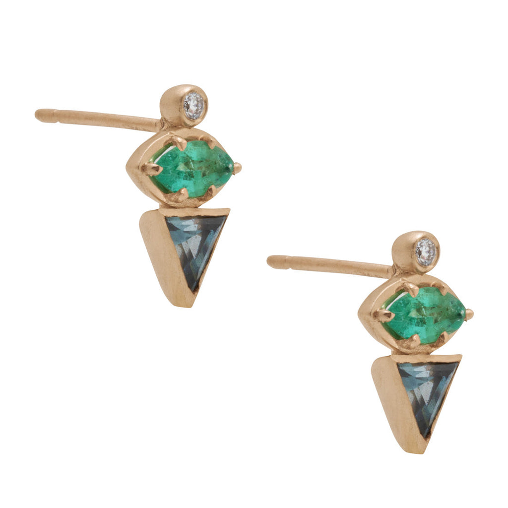 September Birthstone Earrings, Unique Geometric Emerald Sapphire 14k Gold Studs By Valley Rose