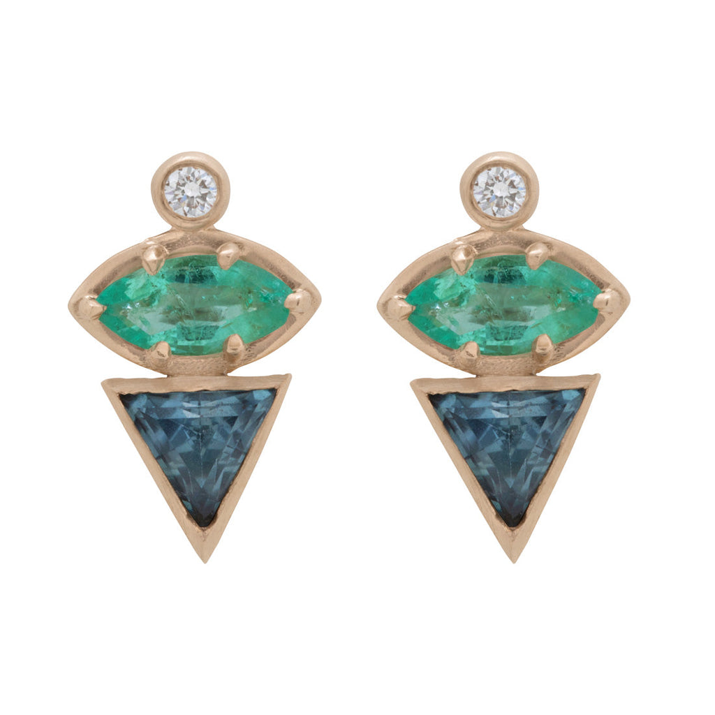 September Birthstone Earrings, Unique Geometric Emerald Sapphire 14k Gold Studs By Valley Rose