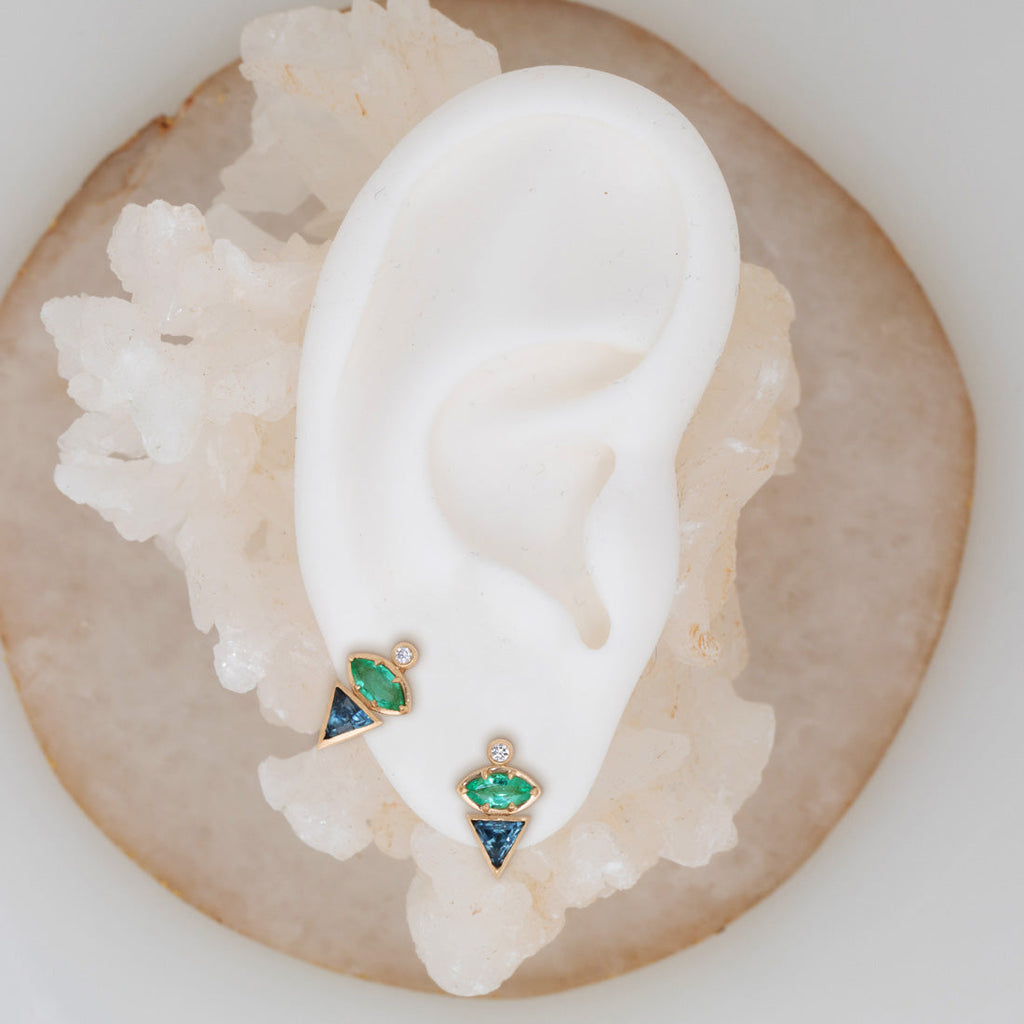 September Birthstone Earrings, Unique Geometric Emerald Sapphire 14k Gold Studs By Valley Rose