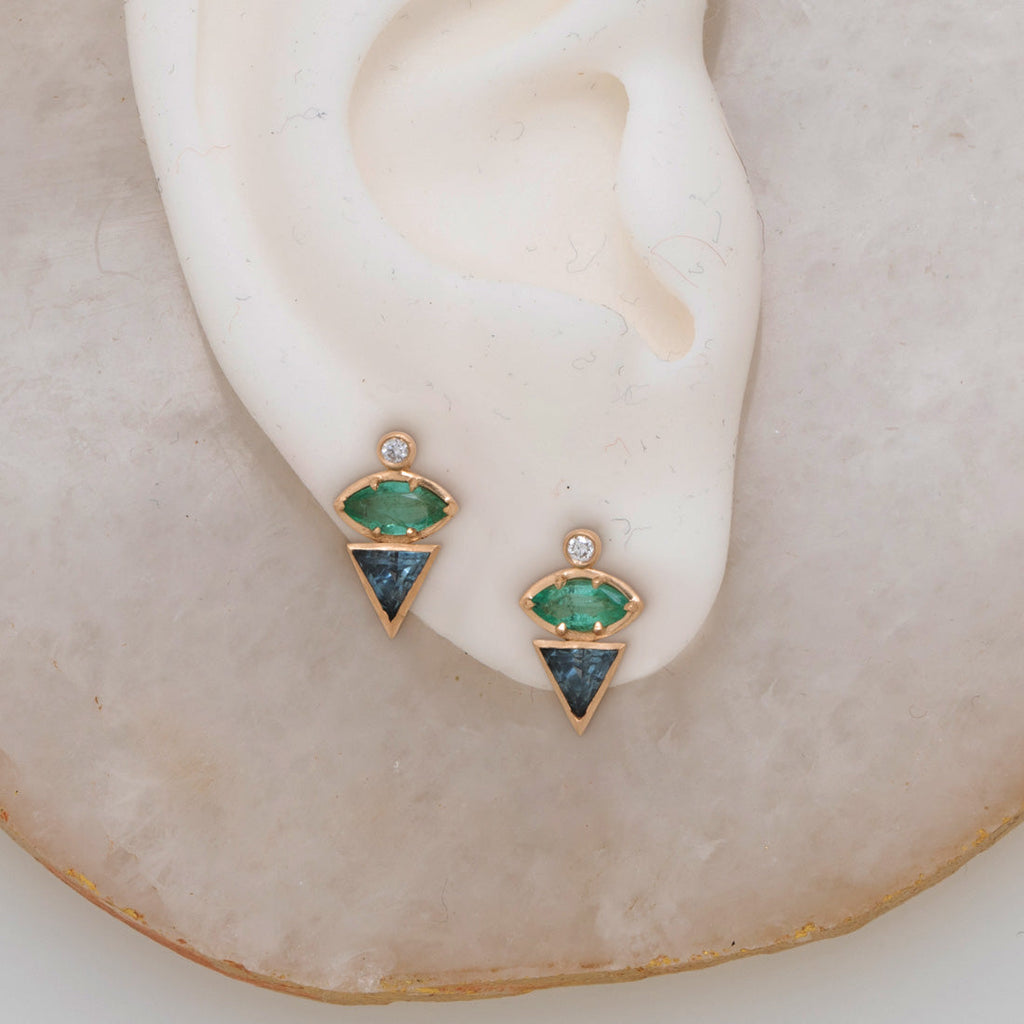 September Birthstone Earrings, Unique Geometric Emerald Sapphire 14k Gold Studs By Valley Rose