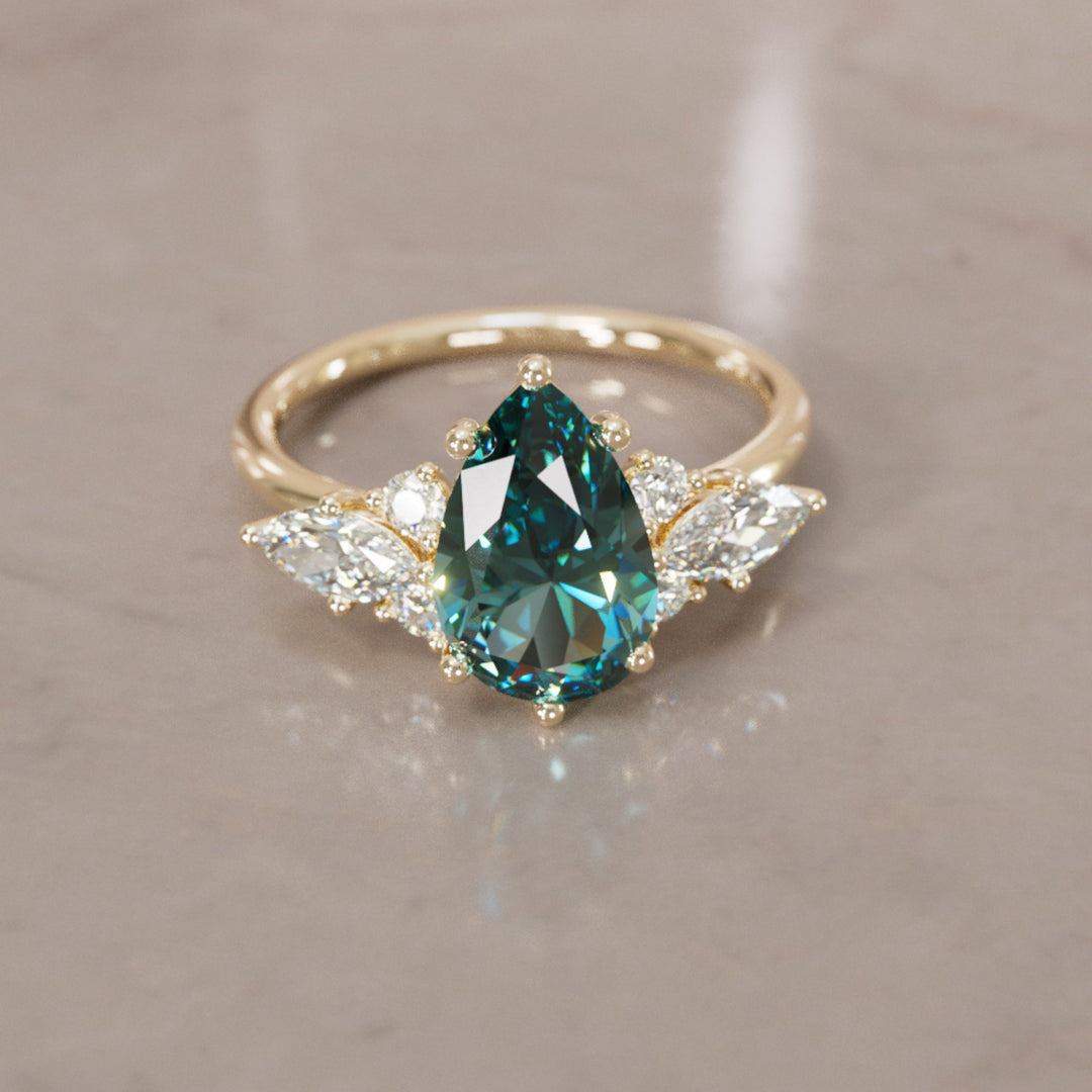 Fantasy Engagement Ring with Pear Shape Teal Sapphire and Diamonds By Valley Rose