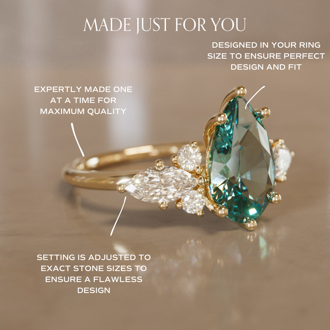 Fantasy Engagement Ring with Pear Shape Teal Sapphire and Diamonds By Valley Rose