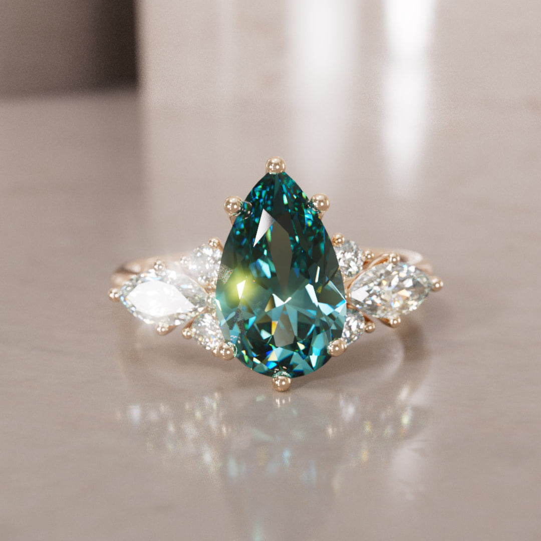 Anillo de compromiso de fantasía único Serena Pear Teal Sapphire (Solo engaste)