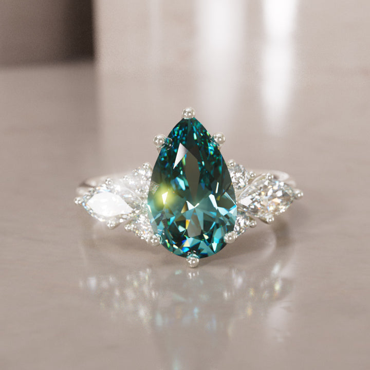 Anillo de compromiso de fantasía único Serena Pear Teal Sapphire (Solo engaste)