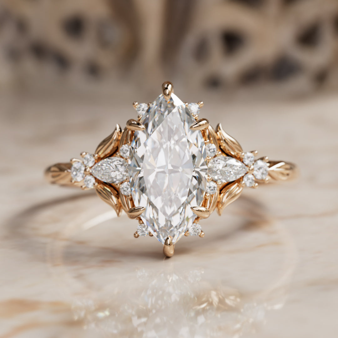 Siriwen Marquise Lab Diamond Fantasy Engagement Ring Nature Inspired with Leaves (Setting Only) By Valley Rose
