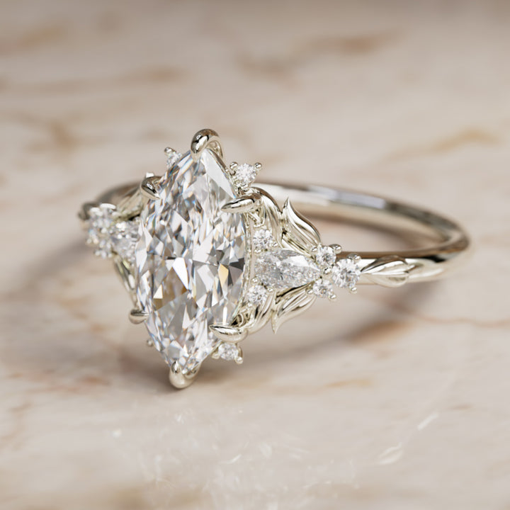 Siriwen Marquise Lab Diamond Fantasy Engagement Ring Nature Inspired with Leaves (Setting Only) By Valley Rose