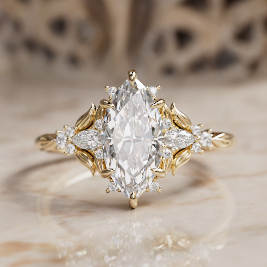 Siriwen Marquise Lab Diamond Fantasy Engagement Ring Nature Inspired with Leaves (Setting Only) By Valley Rose