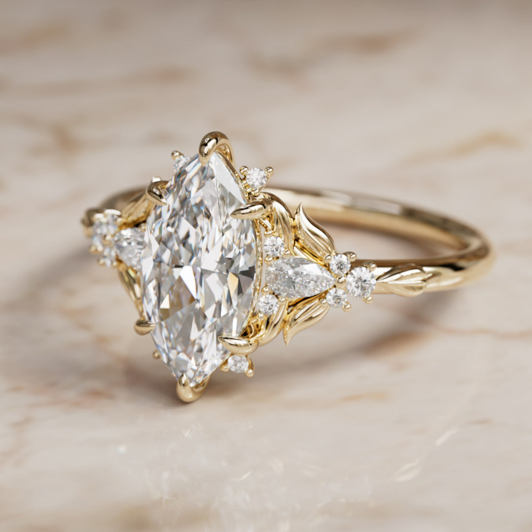 Siriwen Marquise Lab Diamond Fantasy Engagement Ring Nature Inspired with Leaves (Setting Only) By Valley Rose