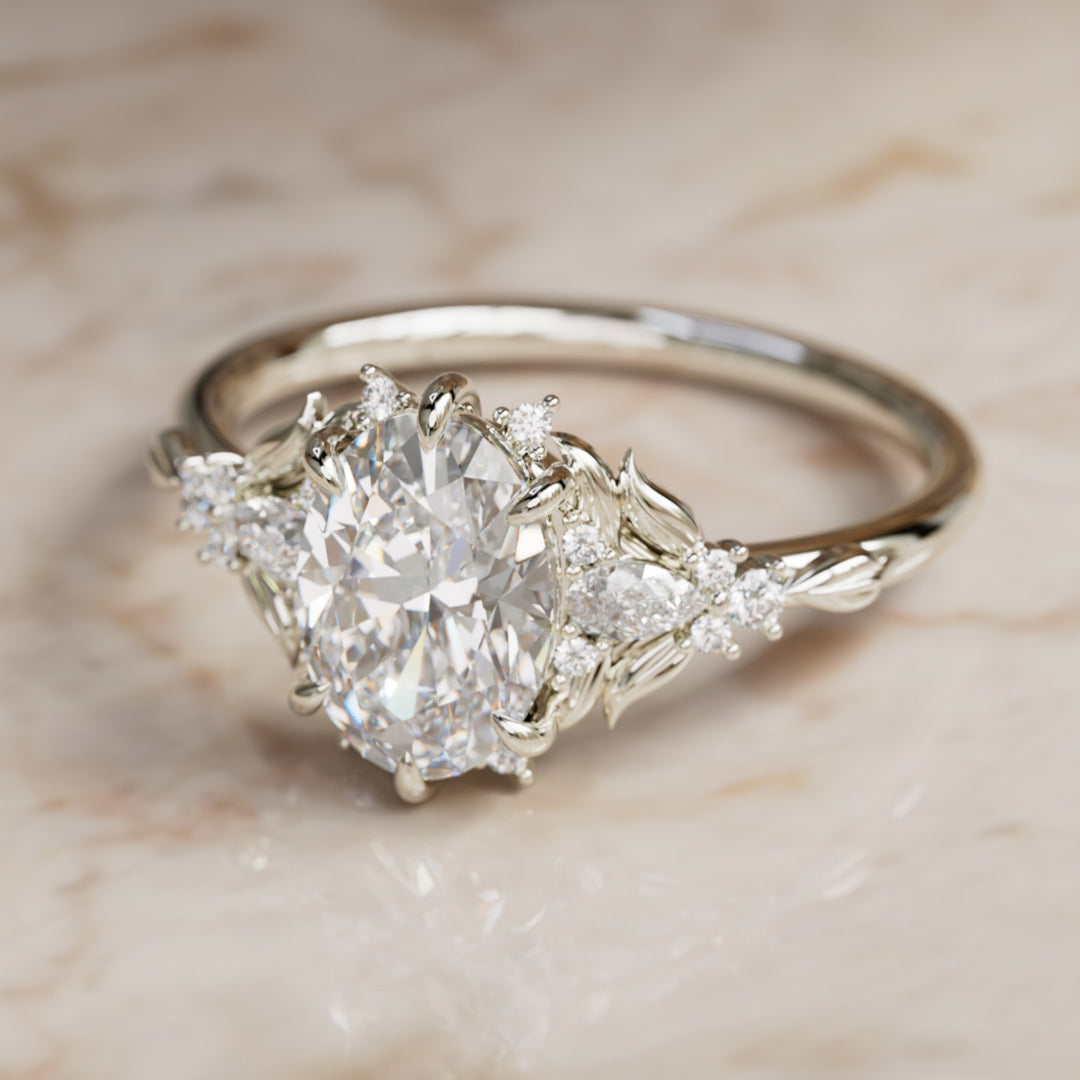 Siriwen Oval Lab Diamond Fantasy Engagement Ring Nature Inspired with Leaves (Setting Only) By Valley Rose