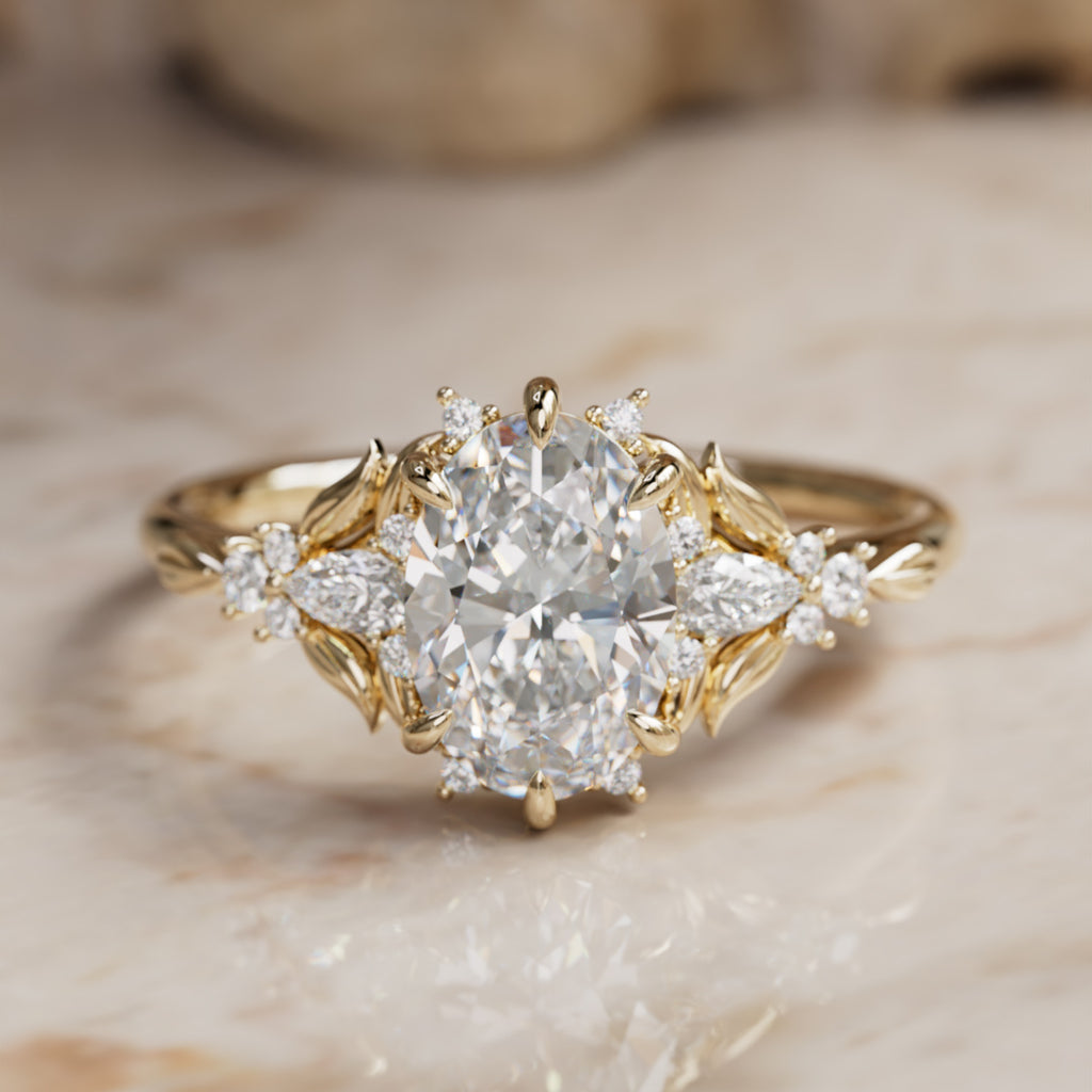 Siriwen Oval Lab Diamond Fantasy Engagement Ring Nature Inspired with Leaves (Setting Only) By Valley Rose