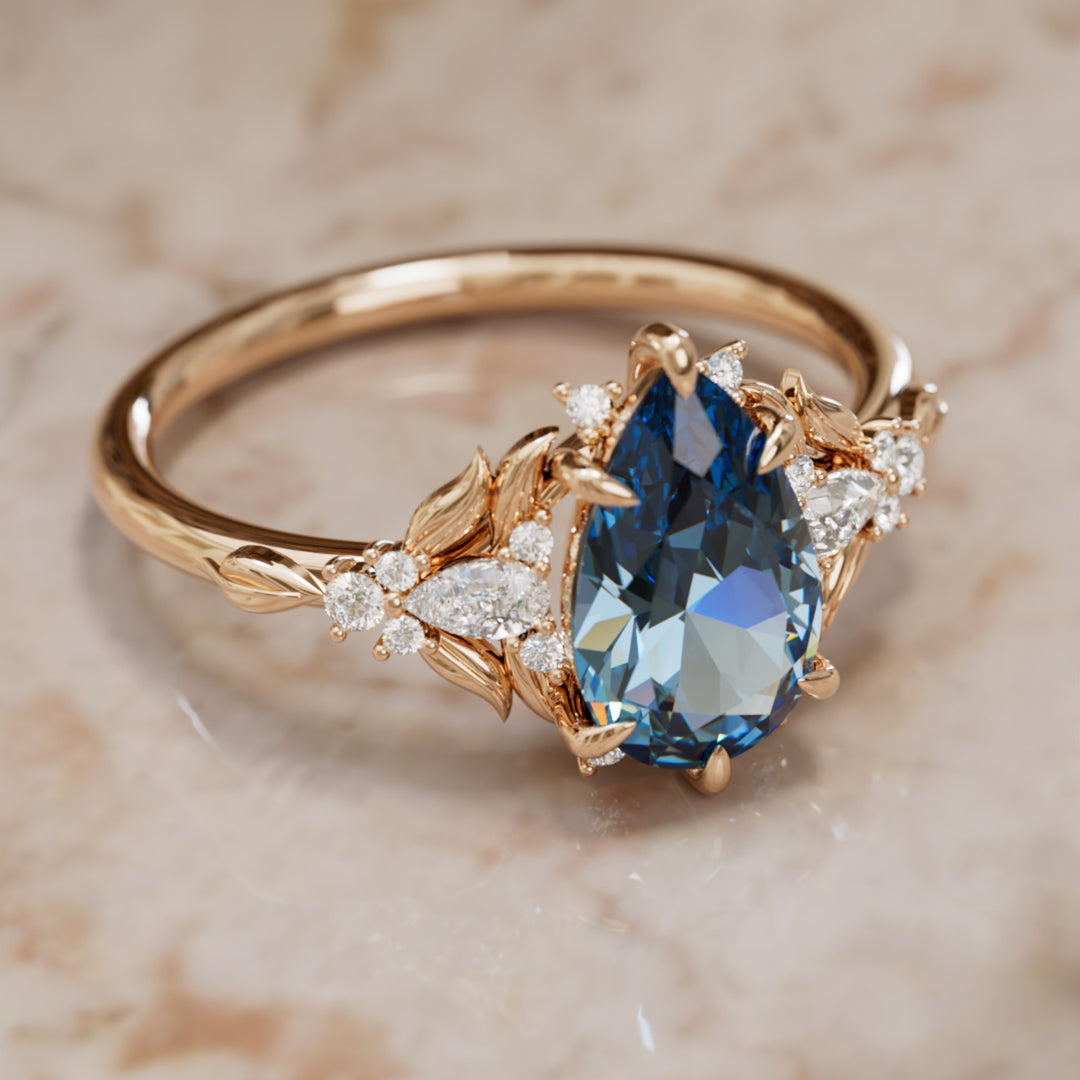 Sininen safiirisormus kihlasormukseksi: Siriwen päärynäleikkaus safiirikukkasormus luonnon inspiroima (vain sormuksen runko)