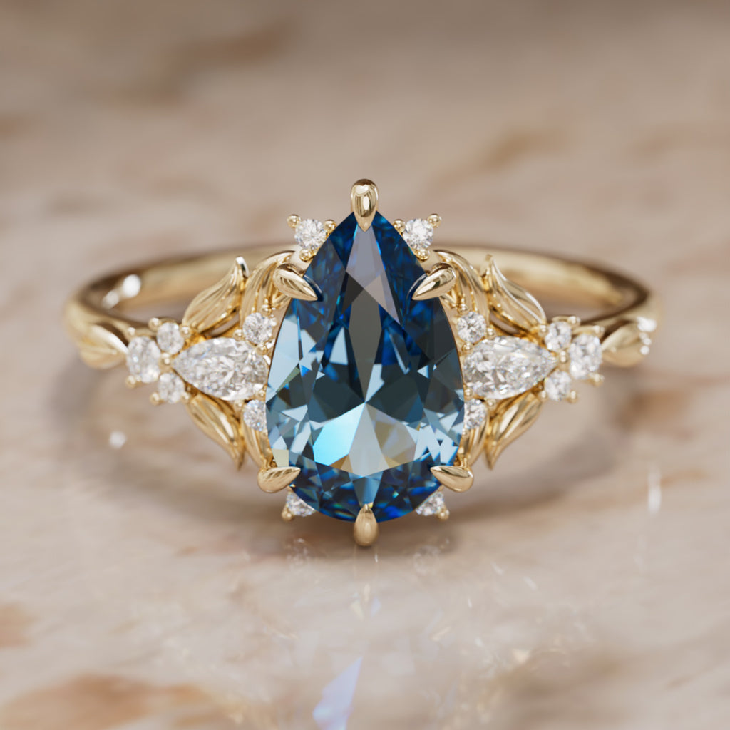 Blue Sapphire Engagement Ring: Siriwen Pear Cut Sapphire Flower Ring Nature Inspired (Setting Only) By Valley Rose