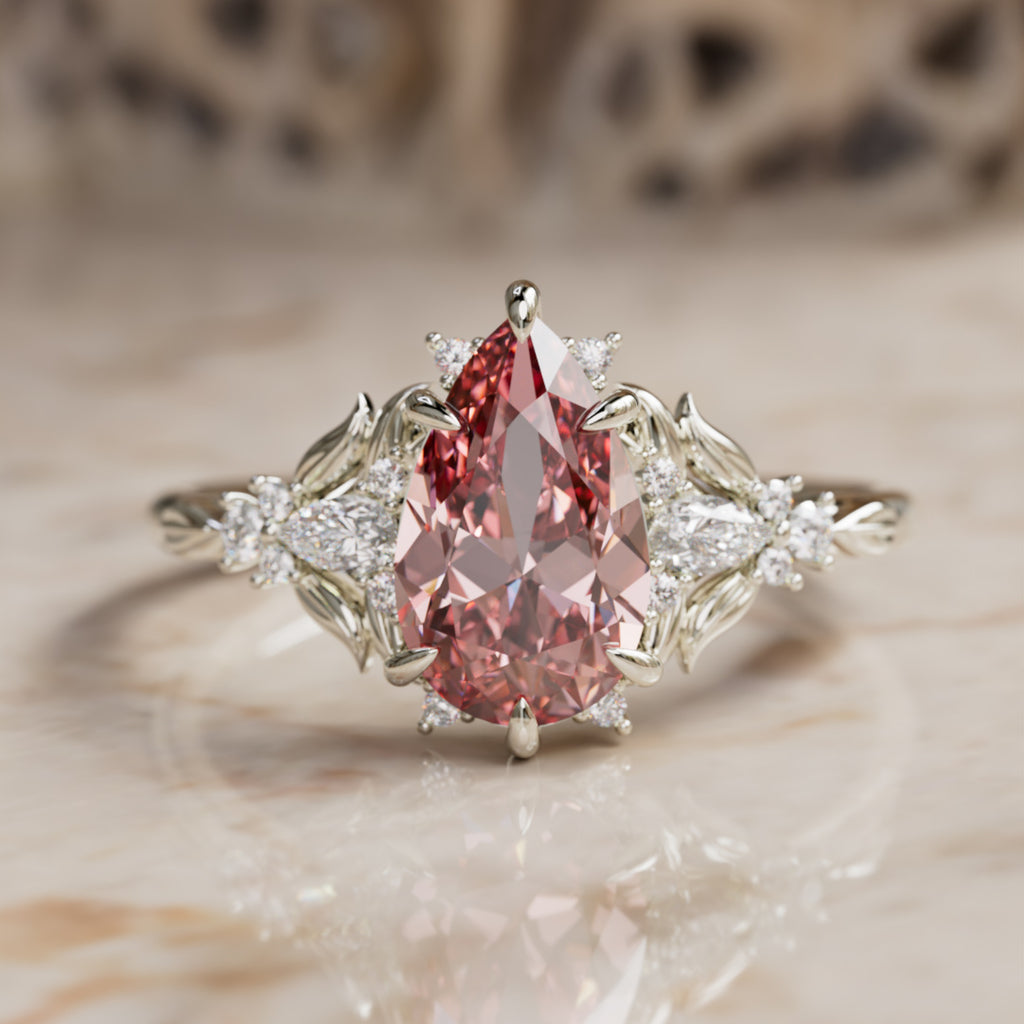 Siriwen Pear Pink Lab Diamond Fantasy Engagement Ring Nature Inspired with Leaves (Setting Only) By Valley Rose
