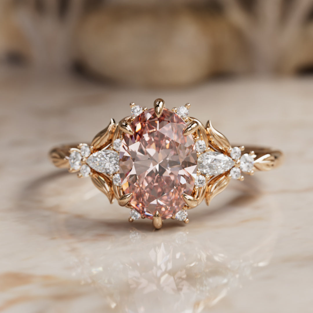 Siriwen Oval Pink Lab Diamond Fantasy Engagement Ring Nature Inspired with Leaves (Setting Only) By Valley Rose