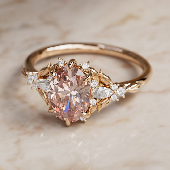 Siriwen Oval Pink Lab Diamond Fantasy Engagement Ring Nature Inspired with Leaves (Setting Only) By Valley Rose