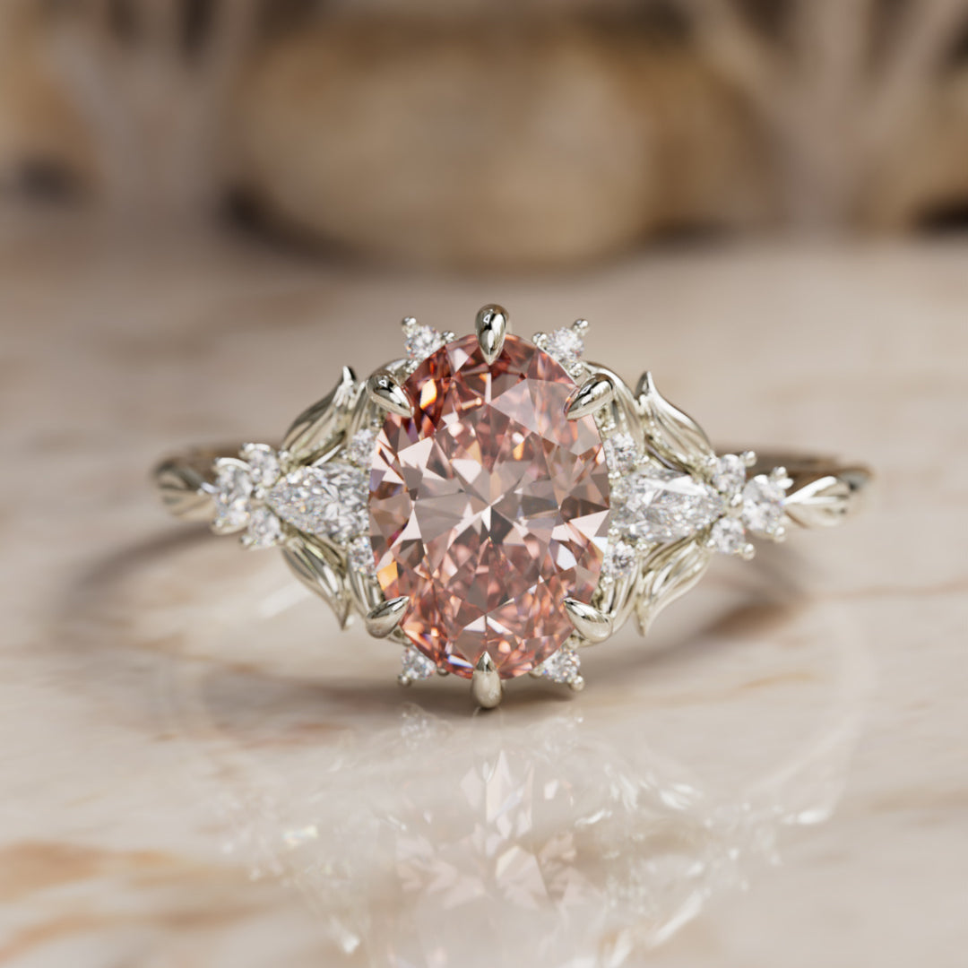 Siriwen Oval Pink Lab Diamond Fantasy Engagement Ring Nature Inspired with Leaves (Setting Only) By Valley Rose