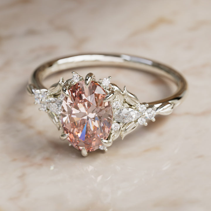 Siriwen Oval Pink Lab Diamond Fantasy Engagement Ring Nature Inspired with Leaves (Setting Only) By Valley Rose