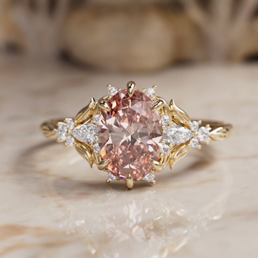 Siriwen Oval Pink Lab Diamond Fantasy Engagement Ring Nature Inspired with Leaves (Setting Only) By Valley Rose