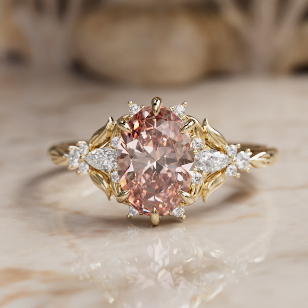 Siriwen Oval Pink Lab Diamond Fantasy Engagement Ring Nature Inspired with Leaves (Setting Only) By Valley Rose
