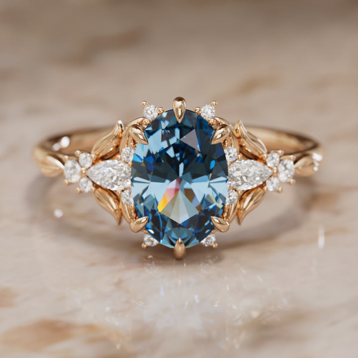 Siriwen Oval Blue Sapphire Fantasy Engagement Ring Nature Inspired with Leaves (Setting Only) By Valley Rose