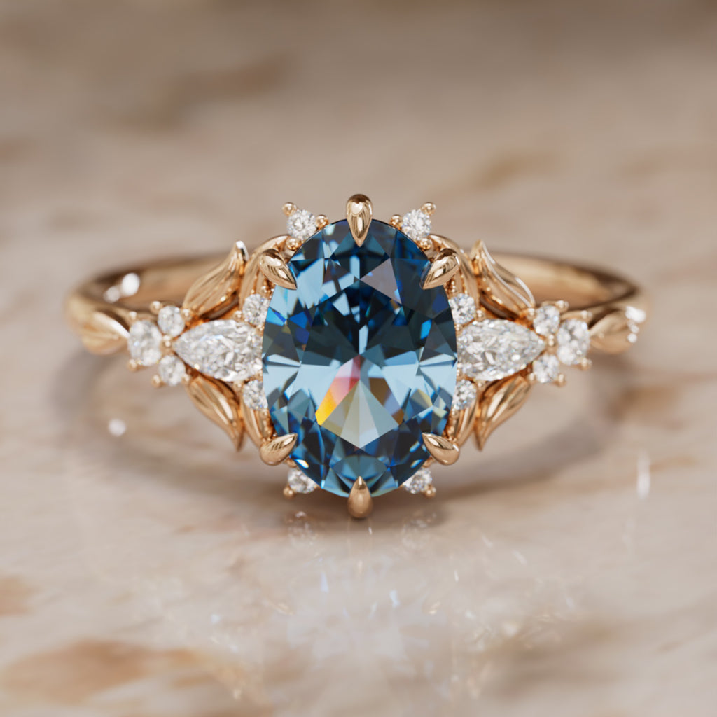 Siriwen Oval Blue Sapphire Fantasy Engagement Ring Nature Inspired with Leaves (Setting Only) By Valley Rose