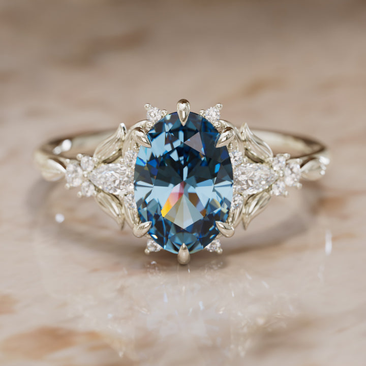 Siriwen Oval Blue Sapphire Fantasy Engagement Ring Nature Inspired with Leaves (Setting Only) By Valley Rose
