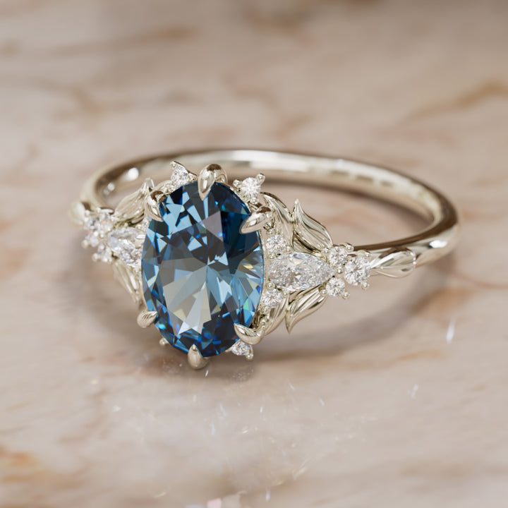 Siriwen Oval Blue Sapphire Fantasy Engagement Ring Nature Inspired with Leaves (Setting Only) By Valley Rose