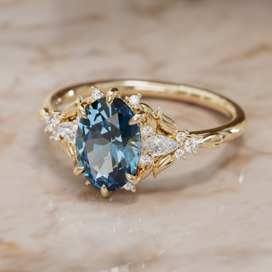 Siriwen Oval Blue Sapphire Fantasy Engagement Ring Nature Inspired with Leaves (Setting Only) By Valley Rose