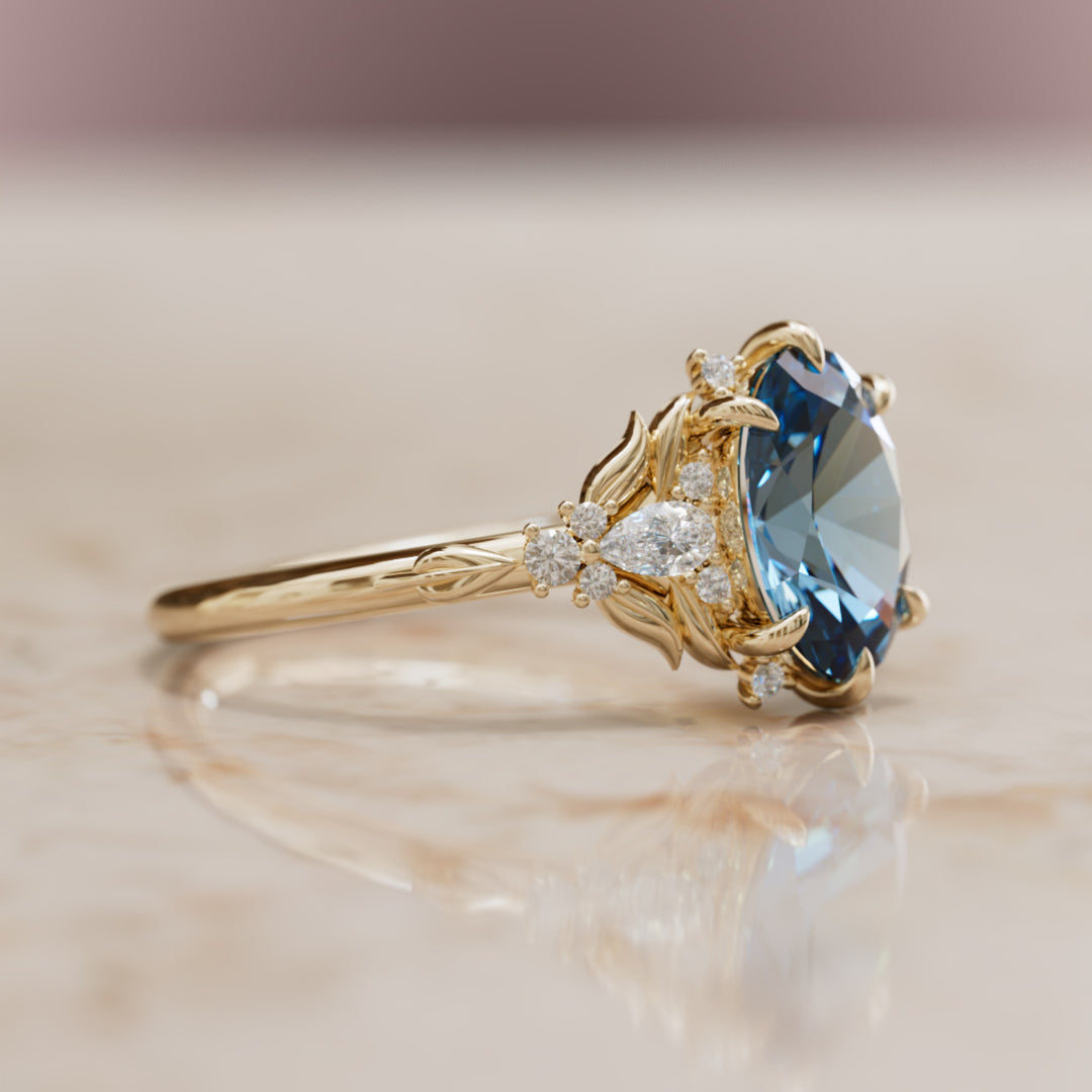Siriwen Oval Blue Sapphire Fantasy Engagement Ring Nature Inspired with Leaves (Setting Only) By Valley Rose