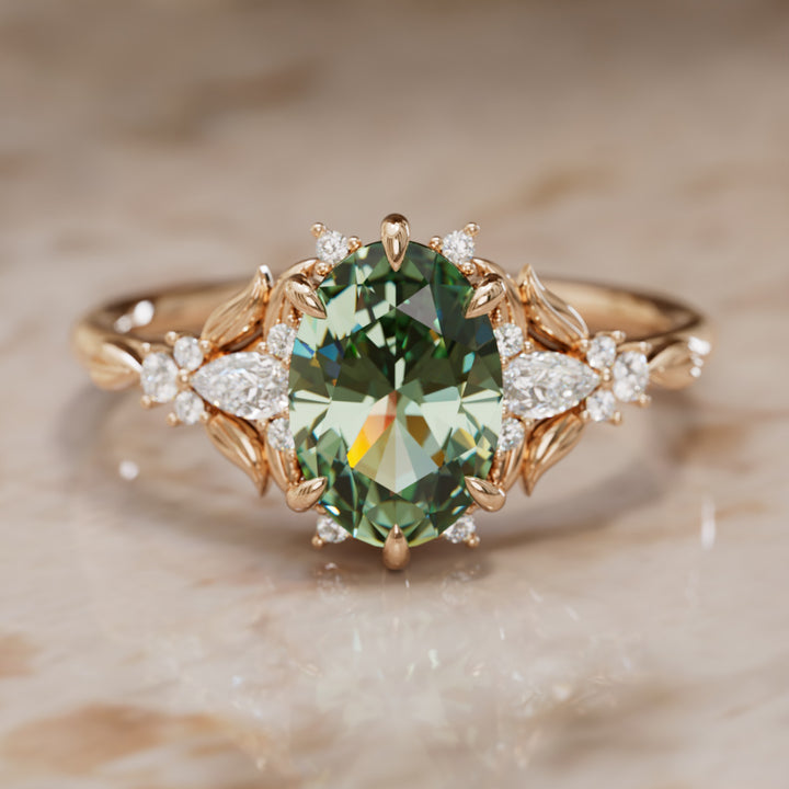 Siriwen Oval Green Sapphire Fantasy Engagement Ring Nature Inspired with Leaves (Setting Only) By Valley Rose