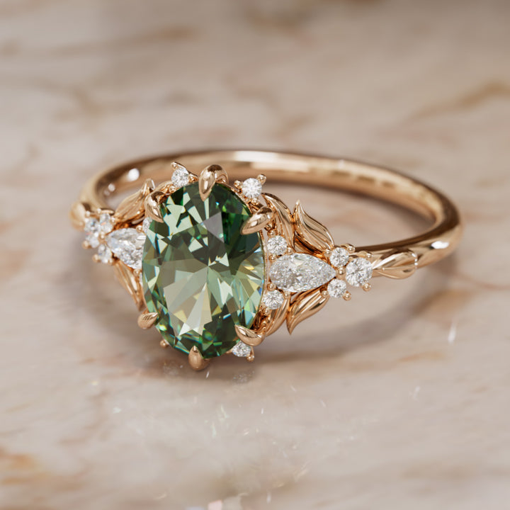 Siriwen Oval Green Sapphire Fantasy Engagement Ring Nature Inspired with Leaves (Setting Only) By Valley Rose