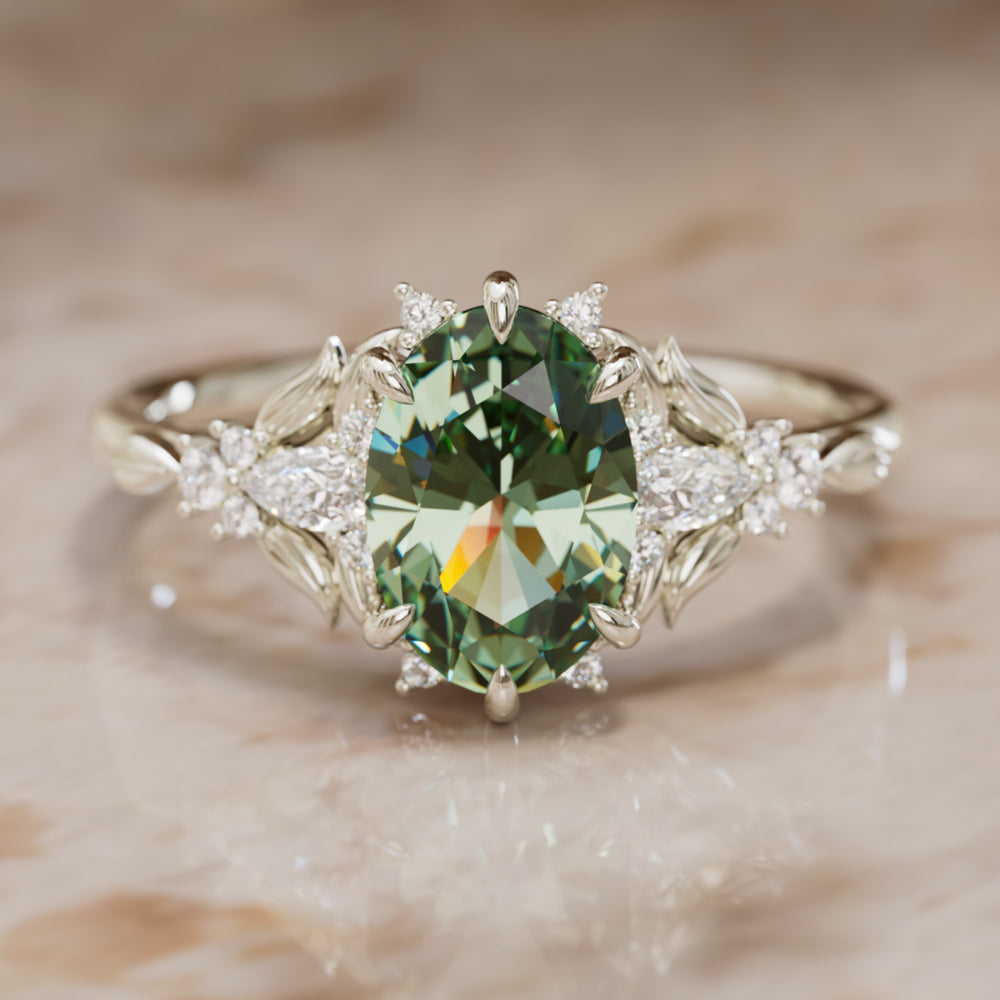 Siriwen Oval Green Sapphire Fantasy Engagement Ring Nature Inspired with Leaves (Setting Only) By Valley Rose