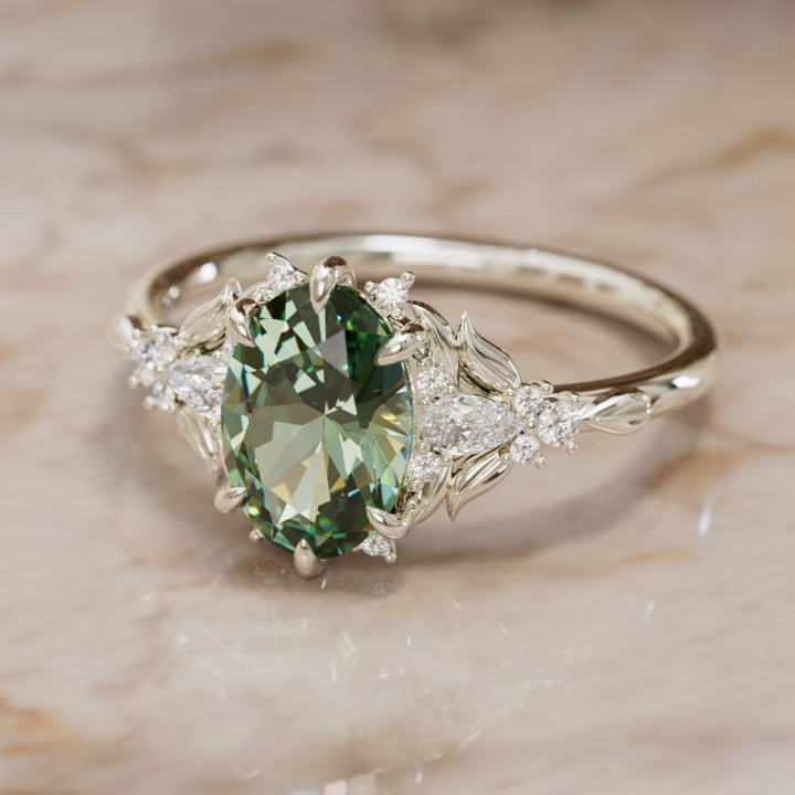 Siriwen Oval Green Sapphire Fantasy Engagement Ring Nature Inspired with Leaves (Setting Only) By Valley Rose