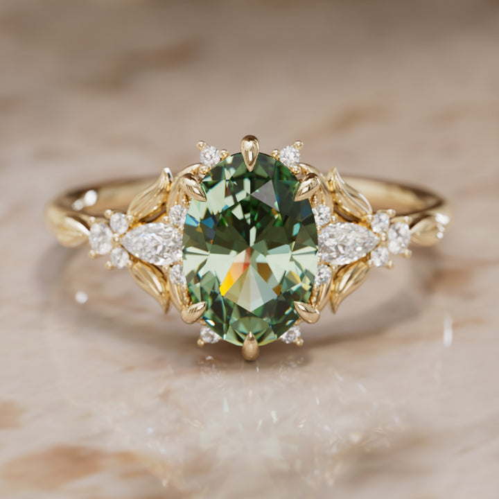 Siriwen Oval Green Sapphire Fantasy Engagement Ring Nature Inspired with Leaves (Setting Only) By Valley Rose