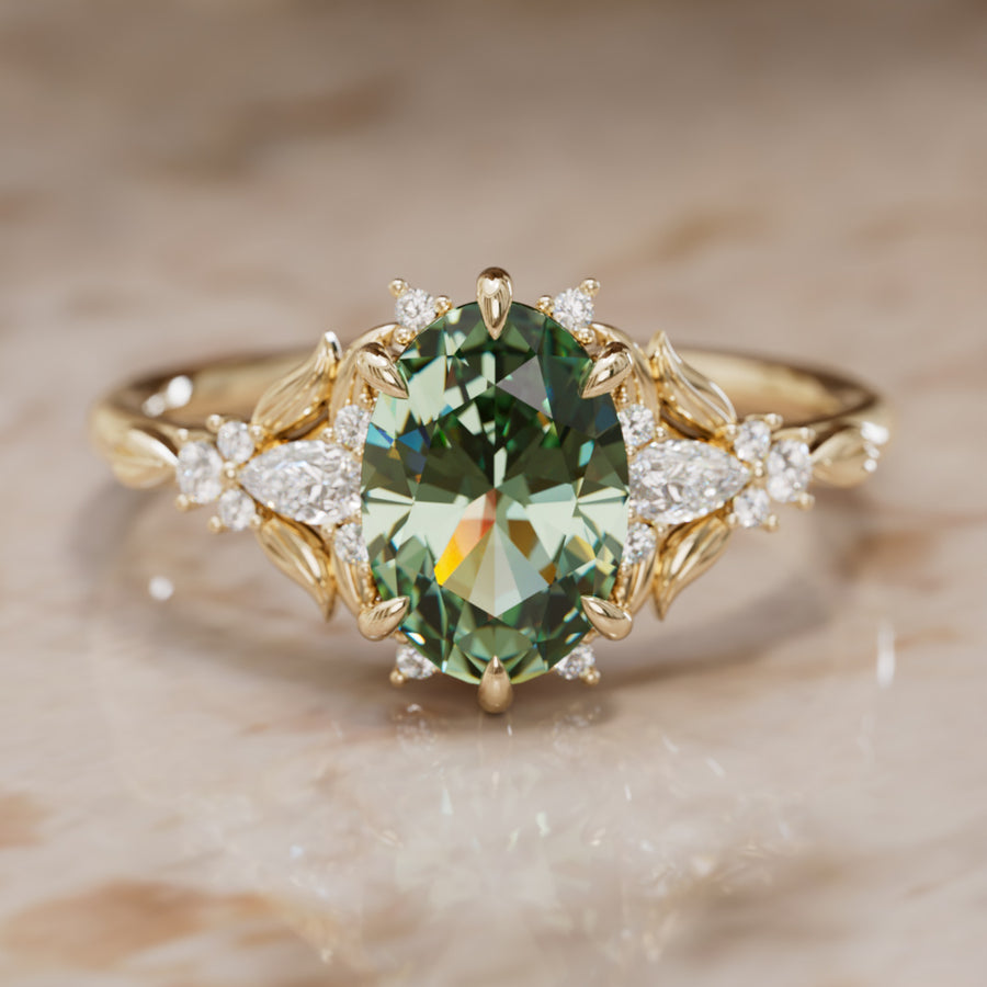 Siriwen Oval Green Sapphire Fantasy Engagement Ring Nature Inspired with Leaves (Setting Only) By Valley Rose